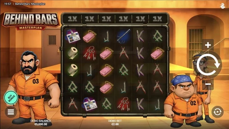 Behind Bars Masterplan - écran de jeu avec des rouleaux 6x5 et des multiplicateurs verticaux